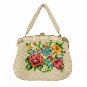 Vintage 1950's 50s White Clear Beaded Cross Stitch Floral Lucite Purse Handbag